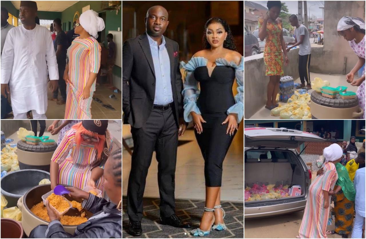 Mercy Aigbe and husband, Kazim Adeoti distribute food to the less privileged