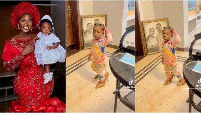 Mercy Johnson’s daughter wows many as she effortlessly walks with high heel shoes