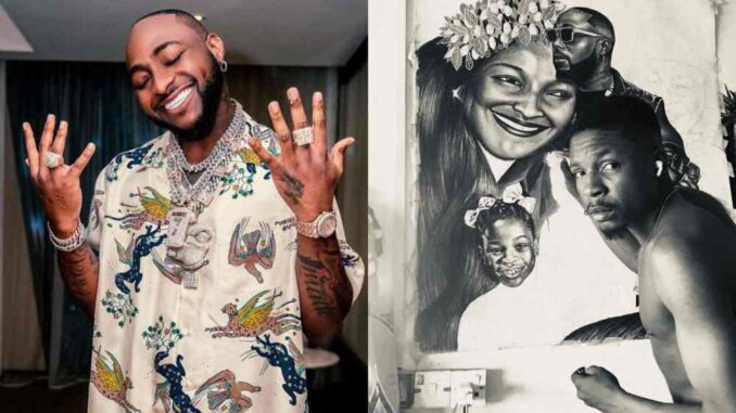 Davido reaches out to talented artist making a beautiful portrait of him, his  daughter and late mum