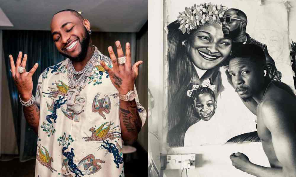 Davido reaches out to talented artist making a beautiful portrait of him, his  daughter and late mum