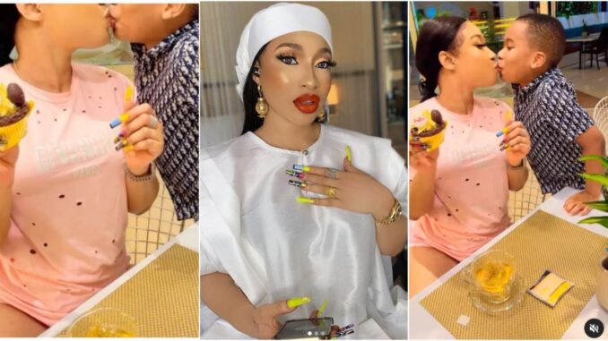Actress Tonto Dikeh kisses her son amidst being dragged for allowing him to smack her ‘Bum Bum’
