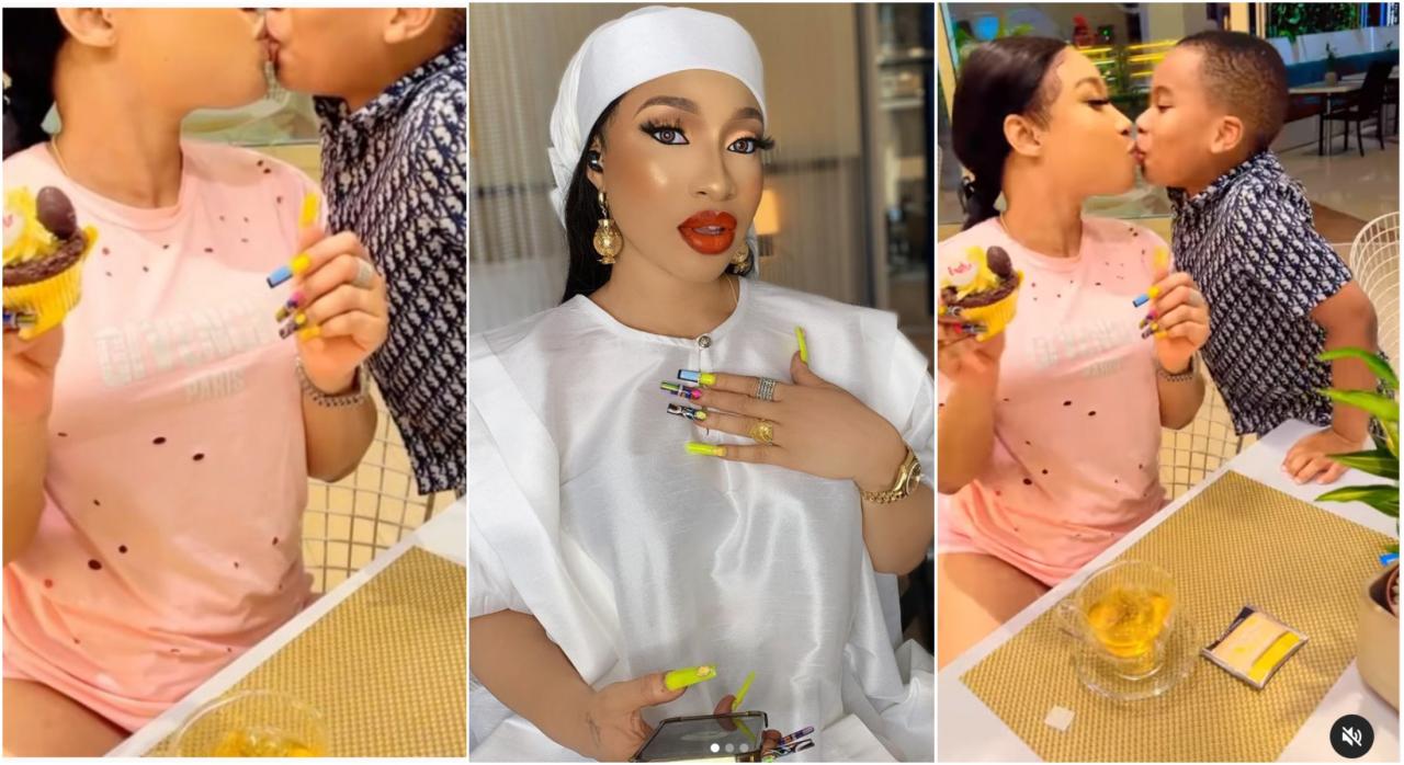 Actress Tonto Dikeh kisses her son amidst being dragged for allowing him to smack her ‘Bum Bum’