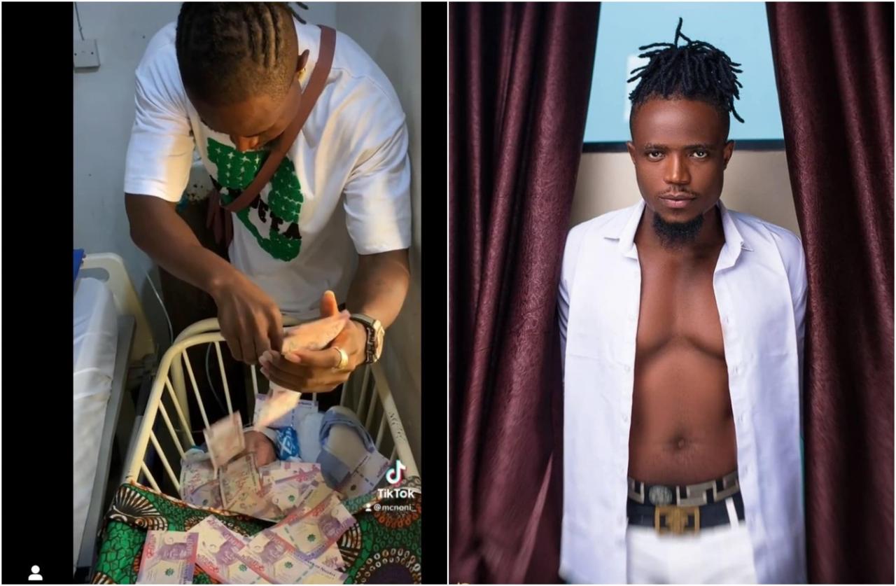 This is senseless”, Reactions as MC Noni showers 100 naira notes on his newborn