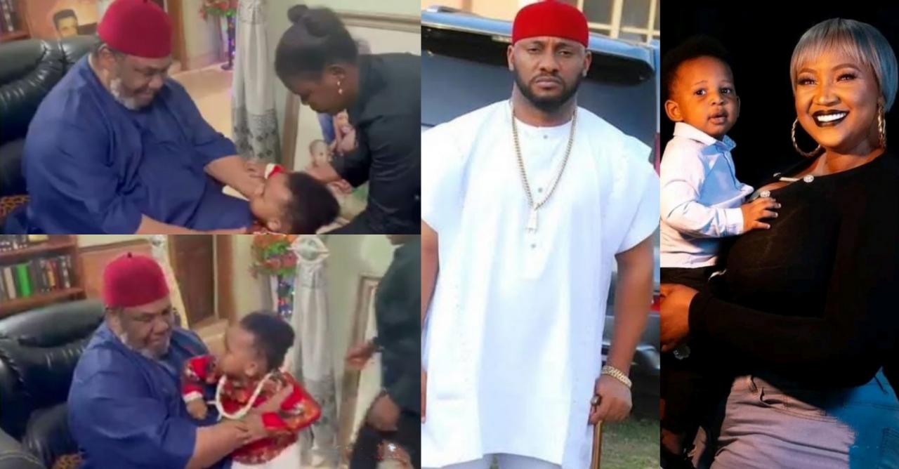 Yul Edochie’s son with second wife, Judy Austin finally meets with grandpa, Pete Edochie for blessings
