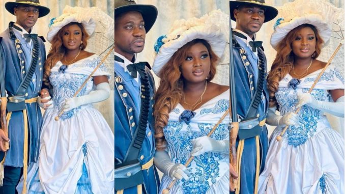 Jide Kosoko, Toyin Tomato rain prayers on Lateef Adedimeji and wife, Mo Bimpe as they dazzle in royal outfit