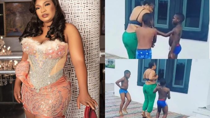 Actress Laide Bakare ridiculed as she strips to her underwear for a fun time with her sons